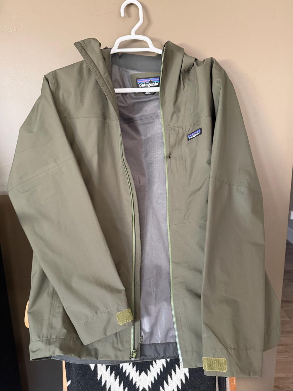 Patagonia Olive Green Hooded Shell Jacket with Light Green Trim